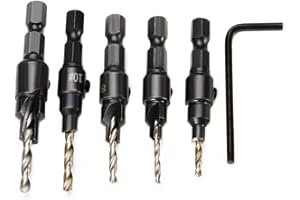 BE-TOOL Juego de brocas avellanadas de 1/4 pulgadas con vástago hexagonal de cambio rápido para madera con 1 llave hexagonal pequeña para carpintería (paquete de 5)