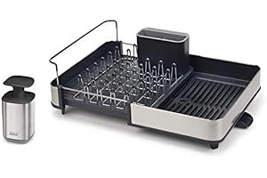 Joseph Joseph Rethink Your Sink - 2-piece Sink Organisation Set, Stainless Steel, Extendable Dish Drainer Rack with Draining Spout and Chopping Board Rail, includes Hygienic Soap Dispenser