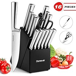 HOMEVER Couteau de Cuisines, 16 Pièces Set Couteaux de Cuisine en Acier Inoxydable avec Bloc en Bois, Ensemble de Couteaux, Couteaux de Chef avec Porte, Bloc de Couteaux pour la Cuisine