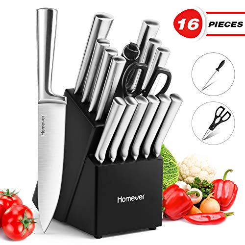 HOMEVER Couteau de Cuisines, 16 Pièces Set Couteaux de Cuisine en Acier Inoxydable avec Bloc en Bois, Ensemble de Couteaux, Couteaux de Chef avec Porte, Bloc de Couteaux pour la Cuisine