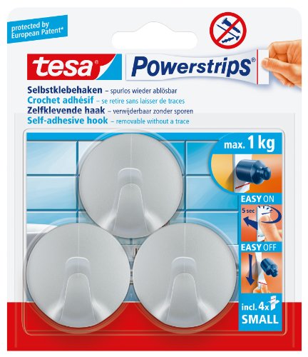 tesa selbstklebende Haken, bis 1kg, wieder ablösbar, rund, matt-chrom, 3 Stück