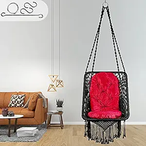 Patiofy Made in India Premium Square Shape Hammock Hanging Cotton Swing Chair with Cushion & Accessories for Indoor and Outdoor/150 Kg Capacity/Swing with Large Red Cushion/for Kids & Adults (Black)