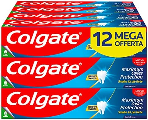 Colgate Dentifricio Maximum Caries Protection 12 Confezioni da 75 ml | tecnologia anticarie superiore***| Smalto 4x più forte | dentifricio al fluoro con arginina | ottimo sapore di menta