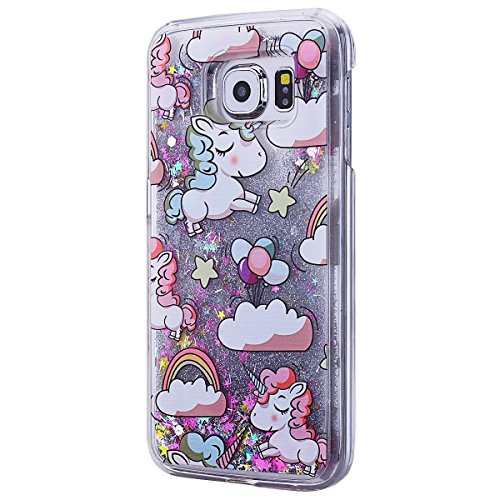 Samsung S6 Funda Bling Arena Movediza Lentejuelas Carcasa   We Love Case L  quido Funda para Samsung Galaxy S6 Glitter Estrellas Lentejuela Arenas Movedizas Carcasa PC Casco de Pl  stico Duro Cascara Sparkle Brillar Claro Cristal Caso Bumper Case Cover Moda Tapa Transparente Cubierta Caja de Protecci  n Resistente a Ara  azos Choque Absorci  n - Dise  o Dibujo Unicornio Unicorn Plata