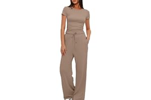 MOBEUR Women 2 Piece Set Outfit Summer Casual Tracksuit Short Sleeve Crop Tops and Drawstring High Elastic Waisted Wide Leg Pants Tracksuit Yoga Joggers Suit Lounge Wear Full Sets