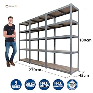 Garagen-Regale, 5 Etagen, Extra robust – 180 cm breit, 90 cm hoch, 45