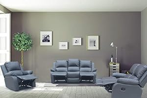 UK Leisure World RECLINER GREY SOFA SUITES SETTEE LAZY BOY BLACK FABRIC 1 2 3 SEATER ARMCHAIR FAUX LEATHER (Grey 3-2-1 sofa set)
