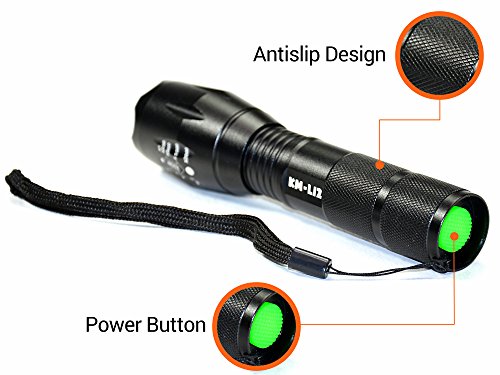 Profihafte LED Taschenlampe starke 1000 Lumen taktische T6 LED – Zoom Funktion – Insgesamt Batterie-Set – Super Hell – Große te Lichtbündel – Schone Geschenkverpackung – Stoßfest – King Mungo – KM-L12 - 4