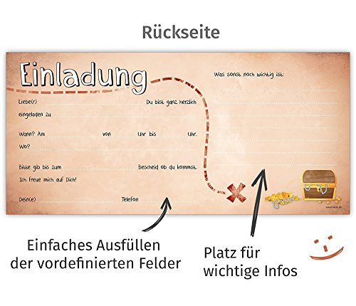 Piraten Einladungskarten mit Umschlägen (12er Set) zum Kindergeburtstag von BeriluDesign | Schatz-Karte Schatzsuche Kinder Geburtstag-Einladungen Karten Feier Party Jungen - 5