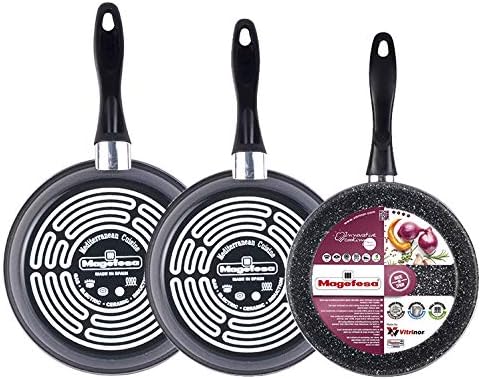 Magefesa K2 Gransasso set de 3 sartenes 24/26/28cm. Exterior gris, antiadherente bicapa efecto piedra, aptas para todo tipo de cocinas, especial inducción. Hasta 50% de ahorro energético.