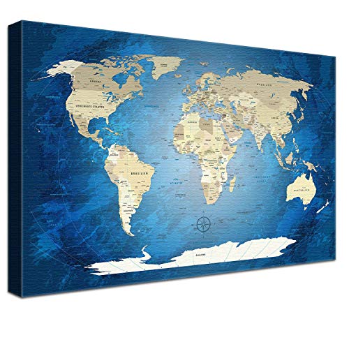 LANA KK Weltkarte Leinwandbild mit Korkrückwand zum pinnen der Reiseziele Deutsch Kunstdruck, Blaues Meer, 120 x 80 cm