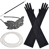 1920s Accessories Costume Fancy Dress Black Long Gloves Crystal Bead Headband Faux Pearl Necklace Plastic Holder Sets for Women