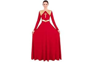 IBTOM CASTLE Liturgical Praise Dress for Women with Cross Pattern Long Sleeve O Neck Ballet Dance Costume for Adults Church Prayer Costume Long Dress with Fitted Skirt Sexy Gifts for Women