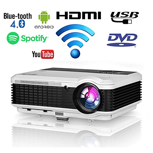 Proiettore LCD WiFi EUG Android Bluetooth 1080p Full HD Suppport WXGA 4500 Lumen per Home Entertainment Videogiochi TV, Proiettore wireless iPad iPhone Smartphone, HDMI USB VGA Interfaccia audio
