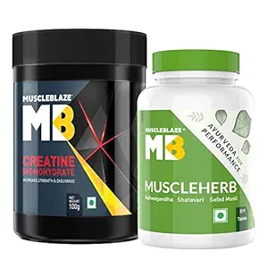 MuscleBlaze Creatine Monohydrate (Unflavoured, 100 g / 0.22 lb, 33 Servings) with MuscleHerb for Adults, Tablets 30 Count (Combo Pack)