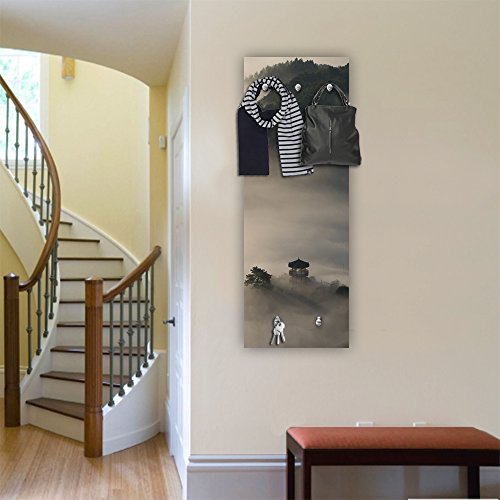 Feeby, Deco Panel Aufhänger, Kleiderhaken, Wandgarderobe, Garderobe, Wandecor Bilder mit hänger, 5 haken, NEBEL, BÄUME, NATUR, AUSSICHT, LANDSCHAFT, GRAU, GRÜN