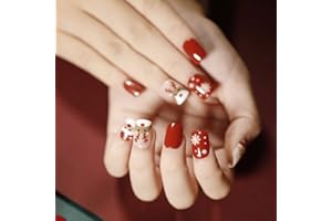 Vatocu Noël Carré Faux Ongles Court Rouge Blanc coller de faux ongles Flocons de neige Elk Appuyer sur les ongles Points Acrylique ongles collés pour Femmes et Filles (24pcs） (A)