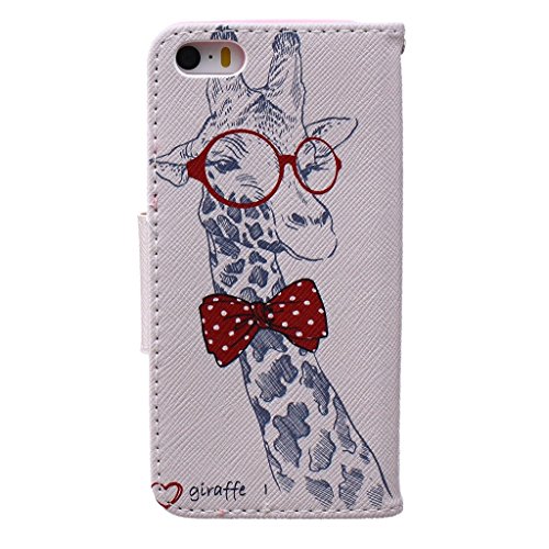 Mo-BeautyÂ® Apple iPhone 5 5S SE Leather Case [Free Tempered Glass Screen Protector],Full Body Colorful Pattern Design Flip PU Leather Wallet Card Slot Stand Case Cover For iPhone 5S/5/SE (Giraffe)