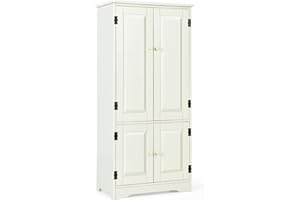 CASART Floor Storage Cabinet, Wooden Storage Cupboard with Adjustable Shelves and 4 Doors, Free Standing Hallway Sideboard for Living Room Bathroom Kitchen Office (White)