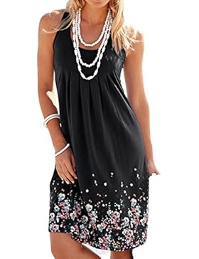 ELFIN® Damen Sommerkleid mit Blumen Gedruckt Knielang ärmellos Strandkleid Casual Lose A-Linie Kleid - Locker...