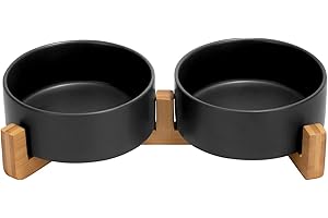 SPUNKYJUNKY Hundenapf Keramik Doppel Hund Futternapf mit Bambus Ständer für Katzen und Hunde (400ml, Schwarz)