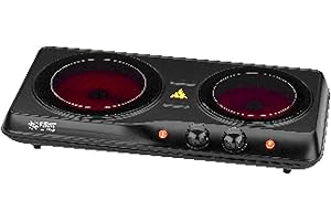 TZS First Austria - Placa de cocción doble infrarrojos vitrocerámica TODOS los tipos de ollas 2000W - Mini Hornillo eléctrico para mudanza, camping y hogar - Regulación continua y luz de control