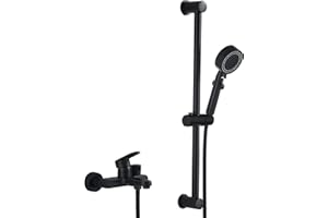 BOOXELY Mitigeur Baignoire Noir Mat Avec Douchette Ensemble Robinet Baignoire Douche avec Flexible, Douchette 5 Fonctions, Support, Barre Coulissante, Montage Mural