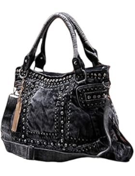 Packingworld Damen Lockerer Denim Große Schultertasche Umhängetasche und Handtasche mit Nieten