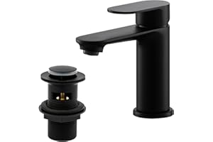 Bathroom Sink Taps with Drain, BATHWEST Basin Taps with Pop Up Waste, Modern Monobloc Single Lever Brass Bathroom Taps Mixer with Sink Plug 072BK (Black)