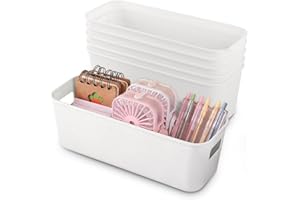 Cartlant 6 Pack Small Storage Baskets, Narrow Plastic Bathroom Storage Box Long White Containers with Handle, Cupboard Cabinet Organiser Deep Trays for Kitchen Shelves Drawers, 27.5×10.5×9.5cm