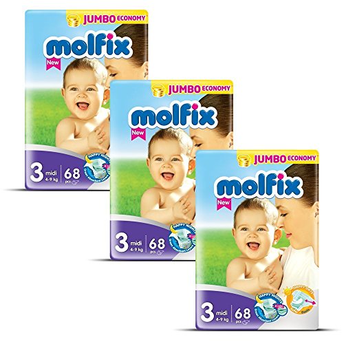 Molfix Midi/Jumbo Economie Pack de 204 Couches 4-9 kg 1 Mois Taille 3