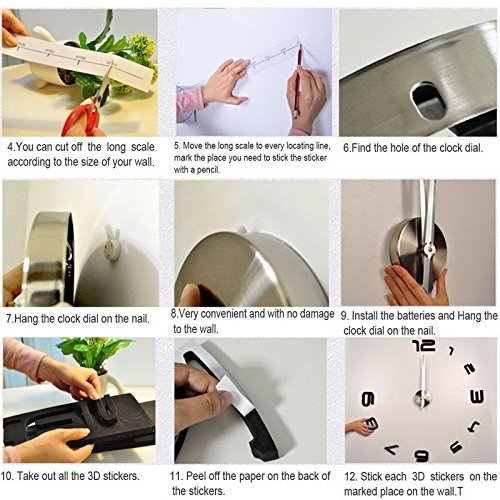 ZJchao 3D Wanduhr Vinyl DIY Clock Moderne Wandtattoo Spiegel-Oberfläche-Aufkleber Dekoration (Schwarz) - 4