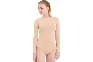SUPRNOWA Scoop Neck Leotard Long Sleeves Spandex Dance Workout Fitness Bodysuit for Women
