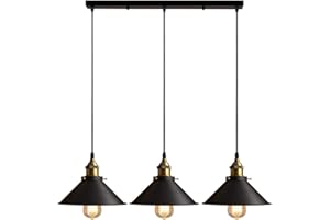 iDEGU Rétro 3 Lumières Suspension Luminaire, Vintage Lustre Industrielle Métal E27 Plafonnier Abat-jour de Design Edison Lampe Suspension pour Cuisine Salle à Manger Café Bar Restaurant - Ø22CM, Noir