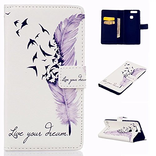 Preisvergleich Produktbild KSHOP Schutzhülle für Huawei P9 Hülle PU Leder Wallet Brieftasche Case Cover Bookstyle Handyhülle Taschen Ultradünn mit Standfunktion Schale kratzfeste Stoßfest Magnetic schließt Drucken Muster Lila Feder Zerstörung + Bleistift Touch schwarz