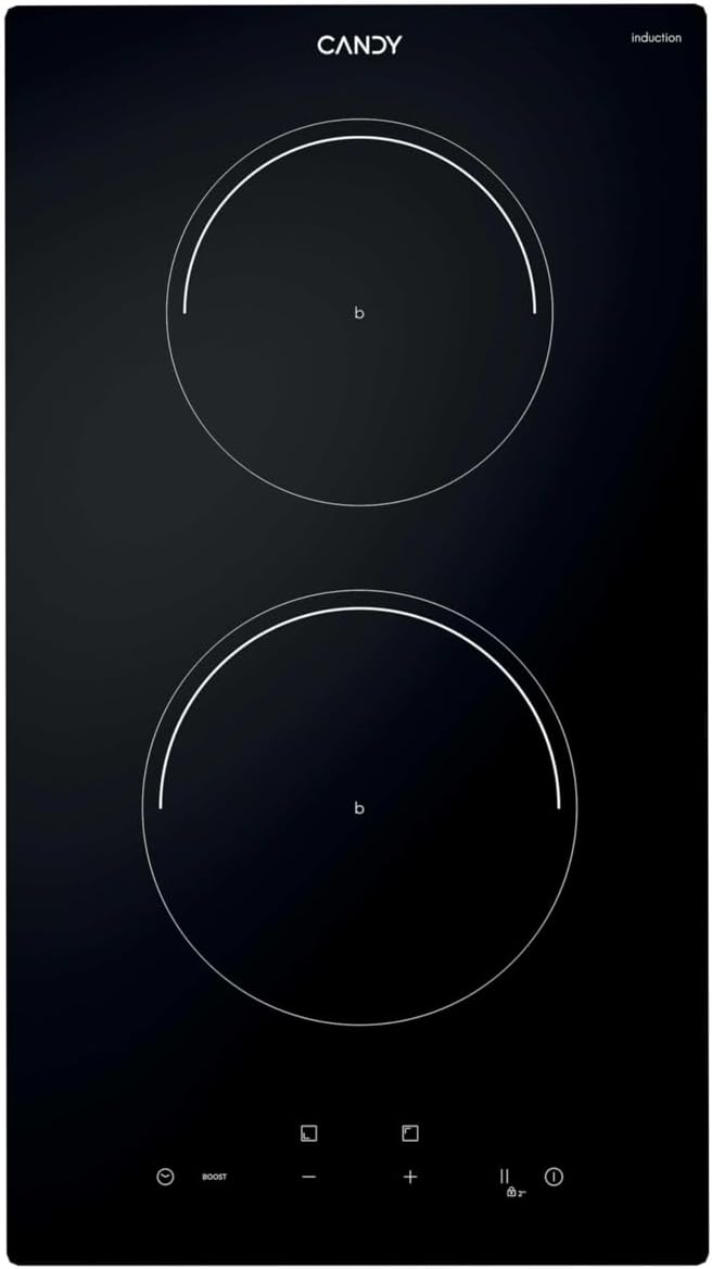 Candy CI32CBB Placa Inducción Dominó, 2 Zonas, 30 CM, 9 Niveles de Potencia, 3,5KW, Mandos Centrales, Indicador de Calor, Bloqueo Infaantil, Alerta Sobrecalentamiento y Derrames, Negro