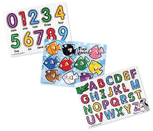 Melissa & Doug Classic Wooden Peg Puzzles (Set of 3) - Numbers, Alphabet, and Colors