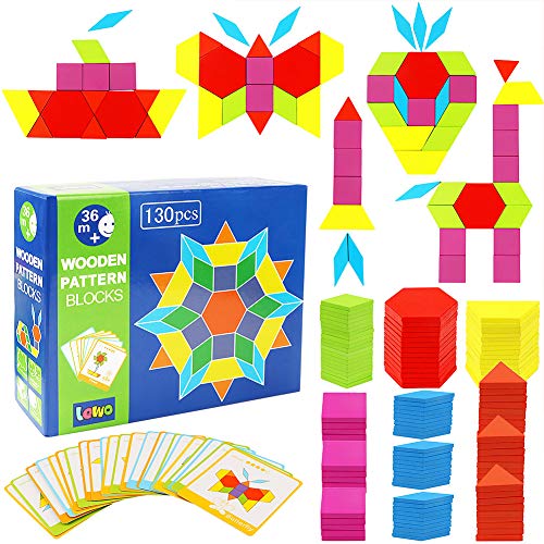 Lewo Puzzle en Bois Jouets Tangrams Blocs de Modèle Classiques Jouets Montessori Jouets éducatifs avec 130 pièces de Forme Géométrique et 24 Cartes de Conception pour Les Petits Garçons Filles Enfant