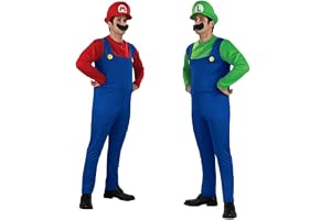 Super Brothers Costume for Mens Halloween Cosplay Mario Costume Adult Cartoon Outfits with Caps and Beard Accessory