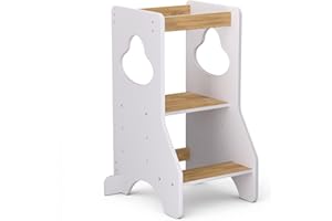COSYLAND Torre Montessoriana Bambini Altezza Regolabile – Torretta Montessoriana Sicura, Stabile e Facile da Spostare per Cucina e Bagno, in Legno Naturale (Bianco e Naturale)