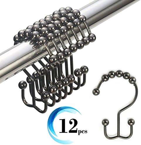 Shower Curtain Hooks, Double Shower Curtain Rings Stainless Steel Rustproof Metal Double Glide Silver Gold Dark Grey Rings Chrome for Bathroom Shower Rods Curtains, Polished Chrome, Set of 12 Hooks (Grey)