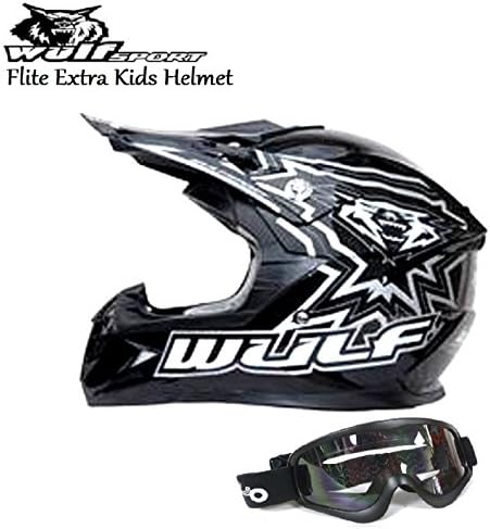 WULFSPORT FLITE-XTRA KIDS HELMET Motocross Dirt-Bike Sport Enduro ECE Helmet Black + Moto X1 Matt Black Goggles (M)