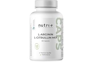 Nutri + Arginine citrulline capsules - 360 caps hautement dosées + vegan - 3000mg L-citrulline malate + L-arginine base - musculation - qualité premium sans stéarate de magnésium