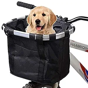 HAAMIIQII Bike Basket, Folding Small Pet Cat Dog Carrier Front Removable Bicycle Handlebar Basket Quick Release Easy Install Detachable Cycling Bag Mountain Picnic Shopping
