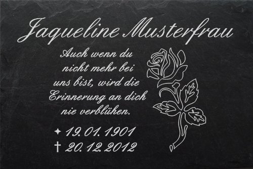 Schiefertafel mit wetterfester Lasergravur des Motives "Rose-001" und Ihrem Text/Daten in der gewünschten Schriftart z.B. als Grabplatte auf das Grab oder als Gedenkentafel für Zuhause von LaserArt24