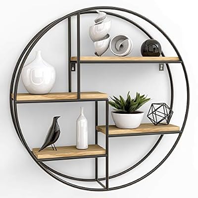 Gadgy ® Etagère Murale Design l avec 4 Etagères l Étagère Industrielle Ronde l Bois 100% Naturel et Métal soudé à l'état l Ø 42 x 10 cm