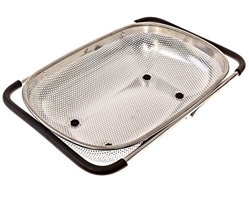 Colador LiveFresh con soporte para fregaderos micro-perforado en acero inoxidable de 4 cuartos con asas y patas de goma: las asas se extienden para ajustarse a cualquier fregadero
