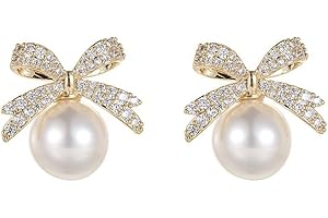 BEYEQCEZ Boucles d'oreilles pendantes à perles nœud papillon, Boucle d'oreille femme fille en or et zircon Clous, Boucles d'Oreilles Perle avec Zirconium Boucles d'Oreilles Femme Cadeau pour Femmes Filles
