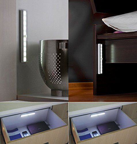 MAXAH® 2x USB Sensor Lampe Beleuchtung 10 LED Automatische LED-Lichtleiste Bewegungsmelder Kabellose Infrarot-Lichterfassung für Schrank Cabinet Schrankschublade Schrank Treppe Nachtlicht Wandleuchte mit Magnetstreifen und USB Kabel (USB Wiederaufladbar,kaltweiß) - 5