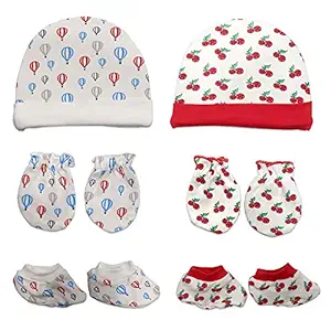 LuvLap 100% Cotton Baby Caps, Mittens and Booties Combo Set for 0-6 Months - Pack of 2 (Cherry Parachute Print)